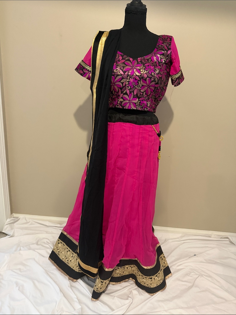 Fuchsia Floral Embroidered Lehenga Skirt with Black Dupatta